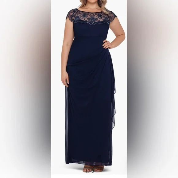 Xscape | Dresses | Xscape Plus Size Beaded Cap Sleeve Illusion Crew Neck  Ruched Dress Gown 8w | Poshmark